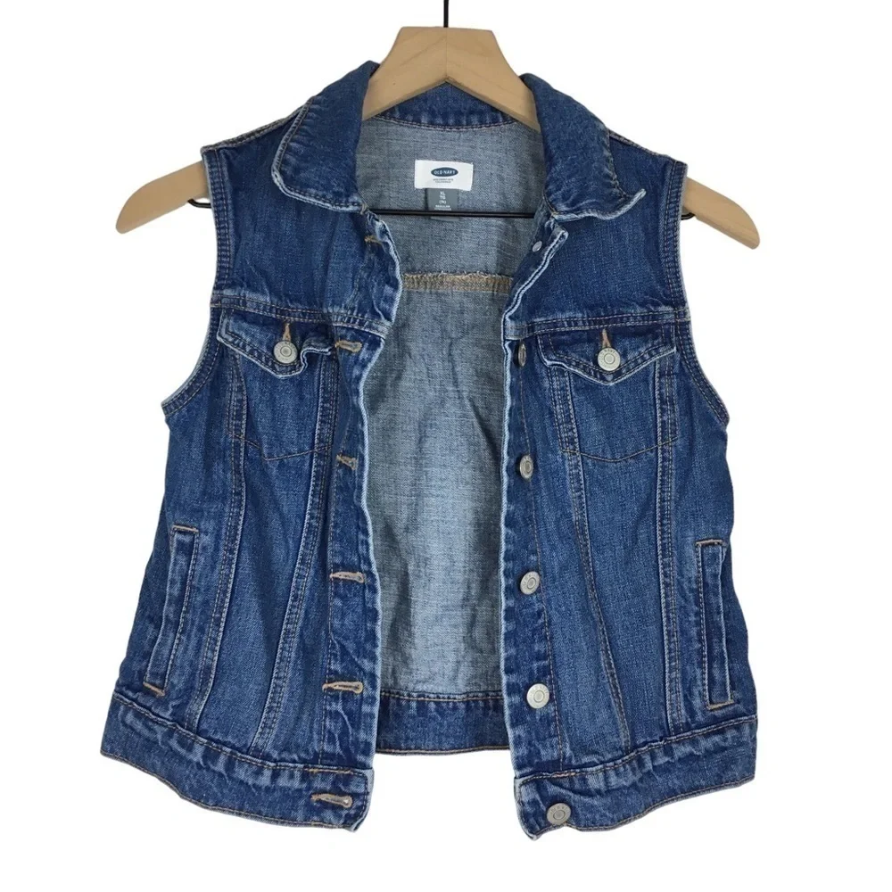 OLD NAVY Girl’s Denim Jean Vest Medium Wash 100% Cotton Western Size XL (14)